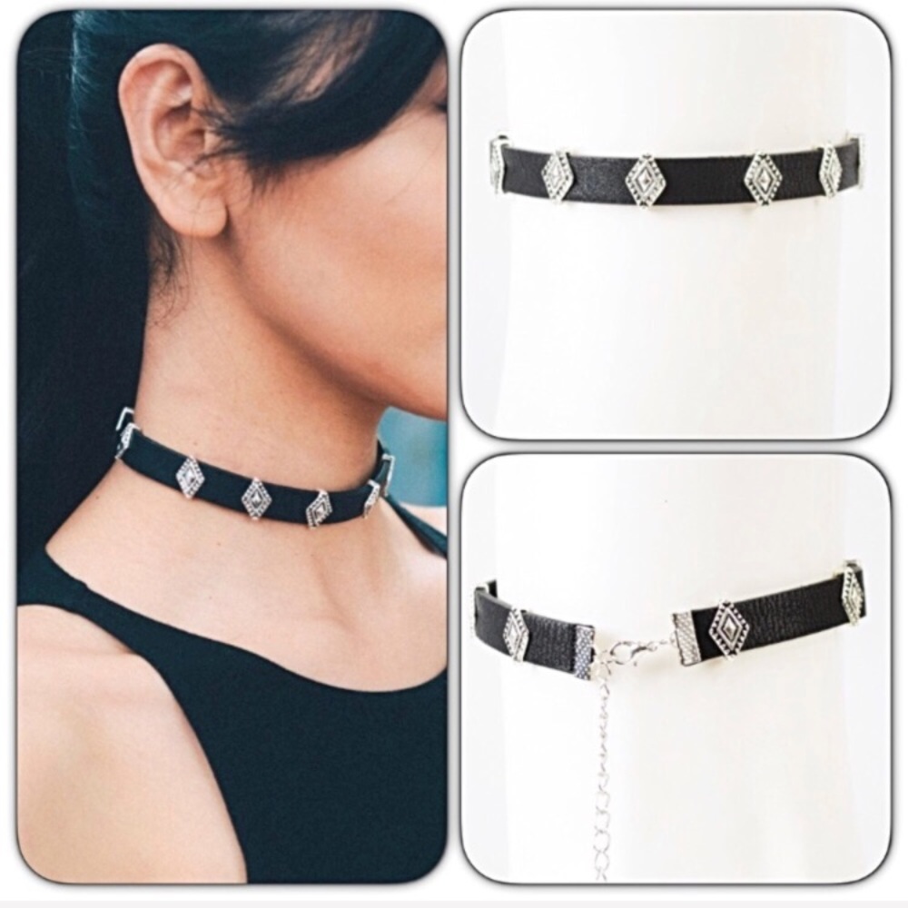 Faux Black Leather Adjustable Choker Silver Charms - Picture 2 of 3